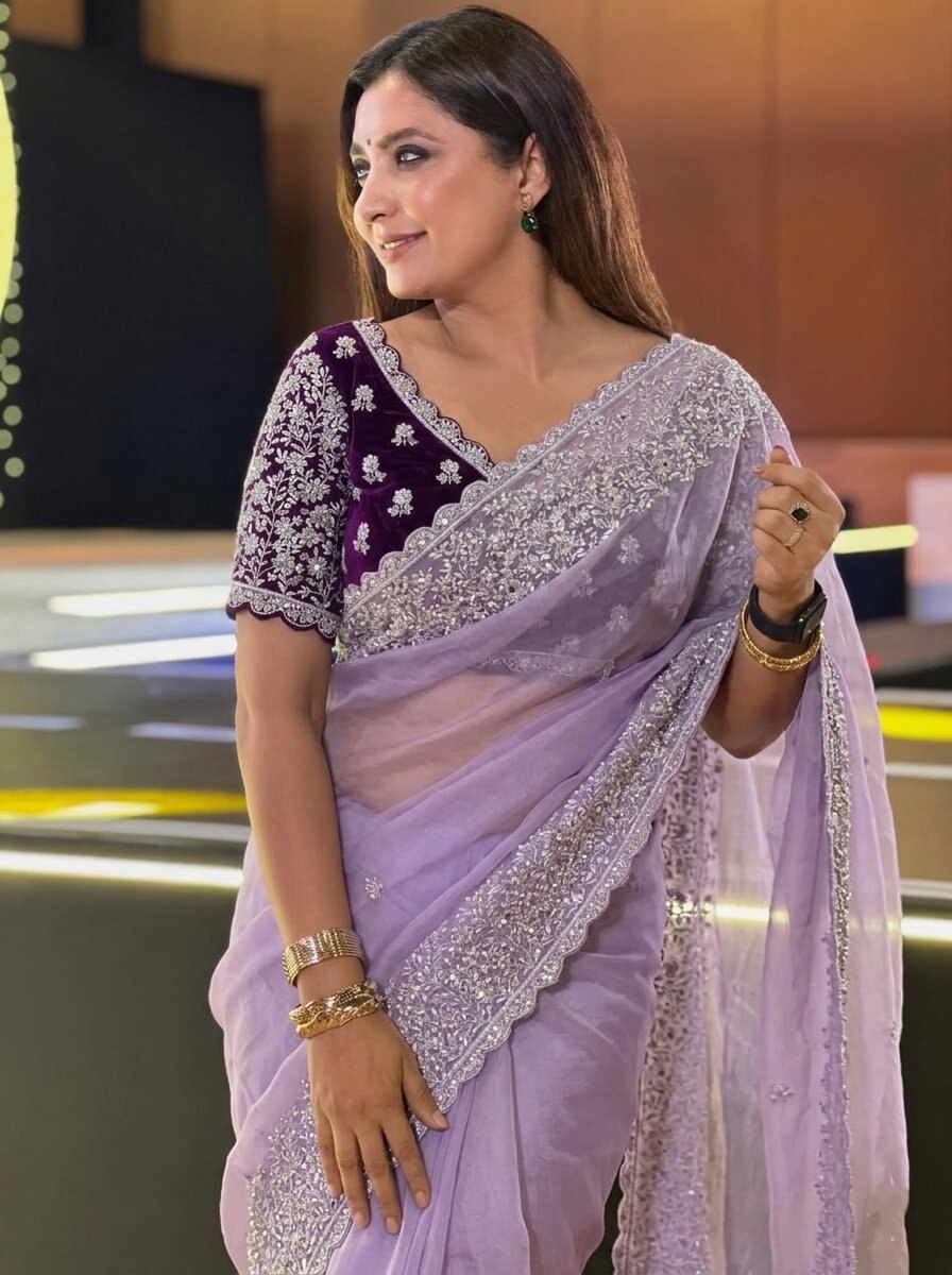 Soft Organza Embroidered Saree with Cutwork Border | Designer Wedding Saree | Mono Banglory Silk Embroidered Blouse | Festive Party Wear