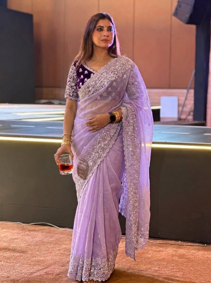 Soft Organza Embroidered Saree with Cutwork Border | Designer Wedding Saree | Mono Banglory Silk Embroidered Blouse | Festive Party Wear