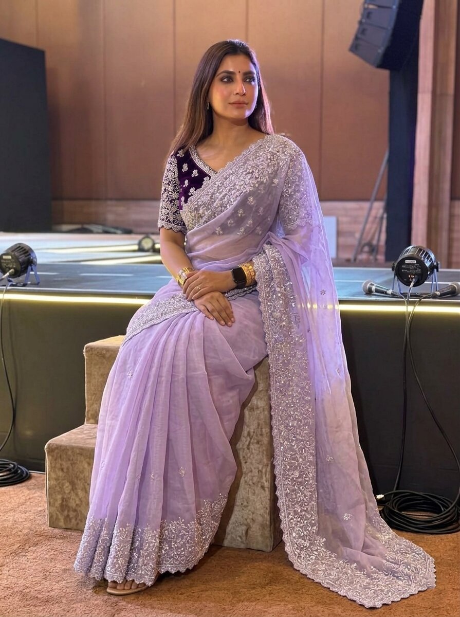 Soft Organza Embroidered Saree with Cutwork Border | Designer Wedding Saree | Mono Banglory Silk Embroidered Blouse | Festive Party Wear
