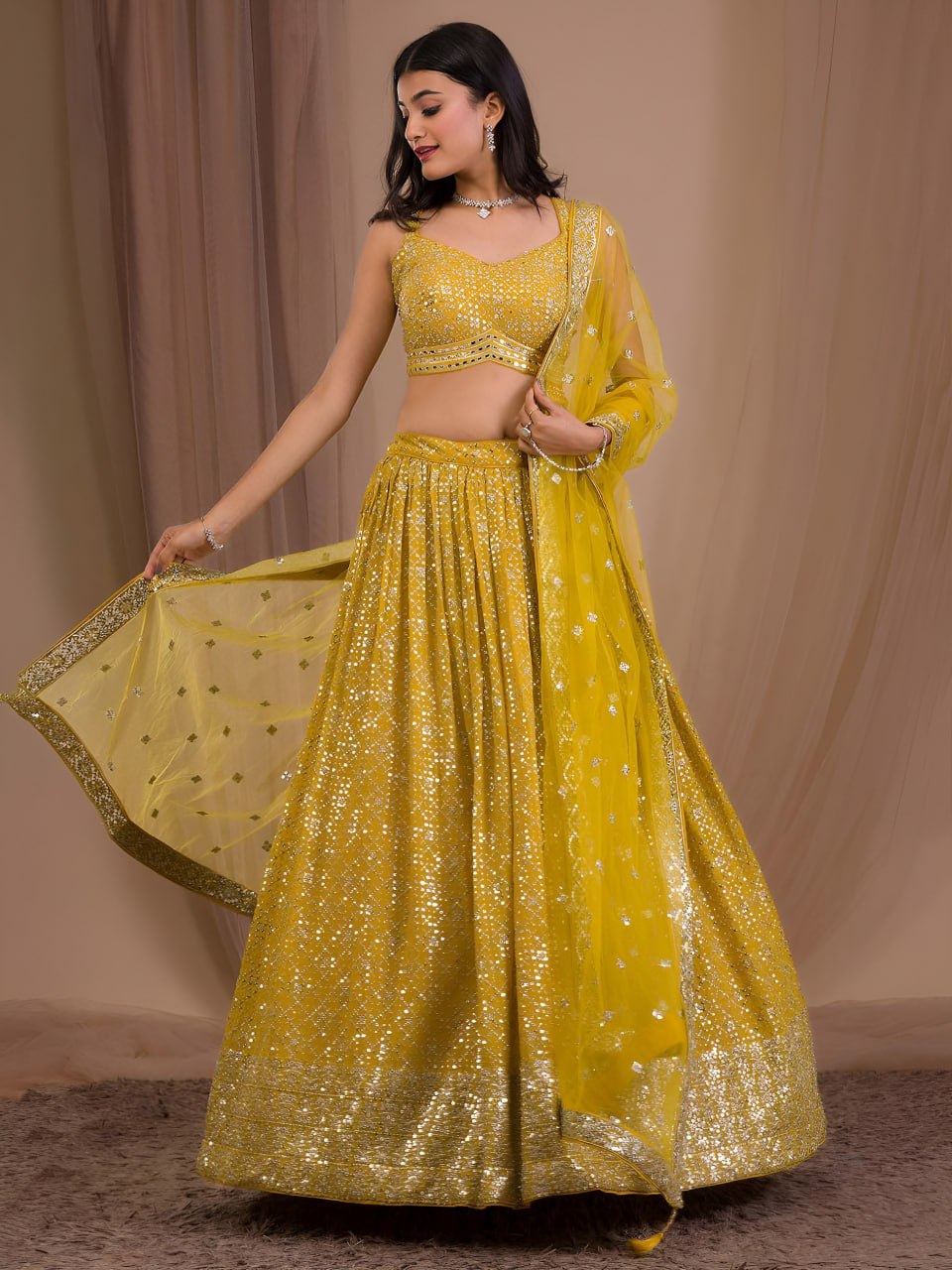 Mustard Yellow Georgette Lehenga Choli Set | Zari & Sequins Embroidered Lehenga | Semi-Stitched Wedding, Reception Outfit with Net Dupatta