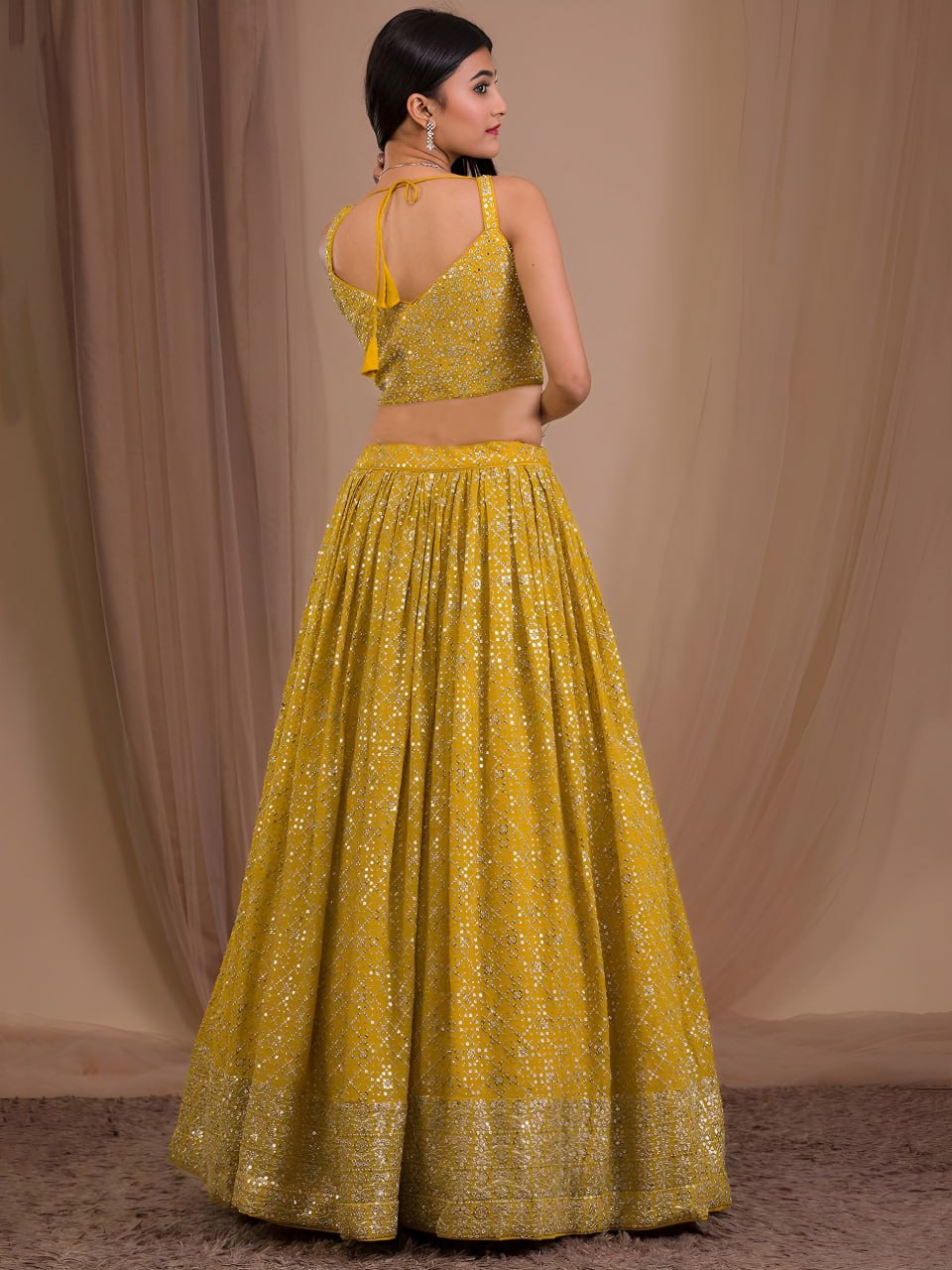 Mustard Yellow Georgette Lehenga Choli Set | Zari & Sequins Embroidered Lehenga | Semi-Stitched Wedding, Reception Outfit with Net Dupatta