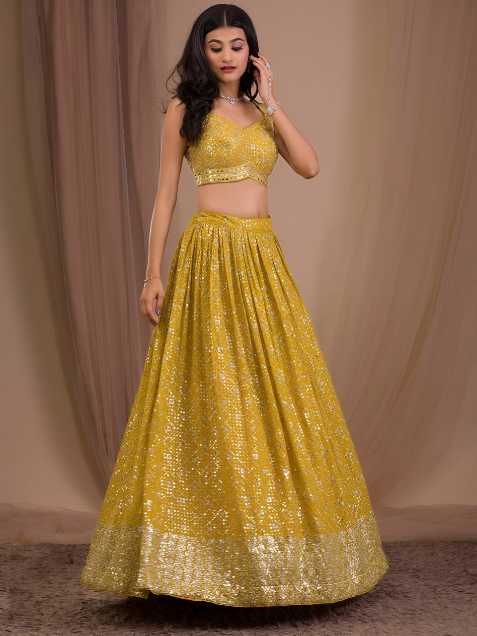 Mustard Yellow Georgette Lehenga Choli Set | Zari & Sequins Embroidered Lehenga | Semi-Stitched Wedding, Reception Outfit with Net Dupatta
