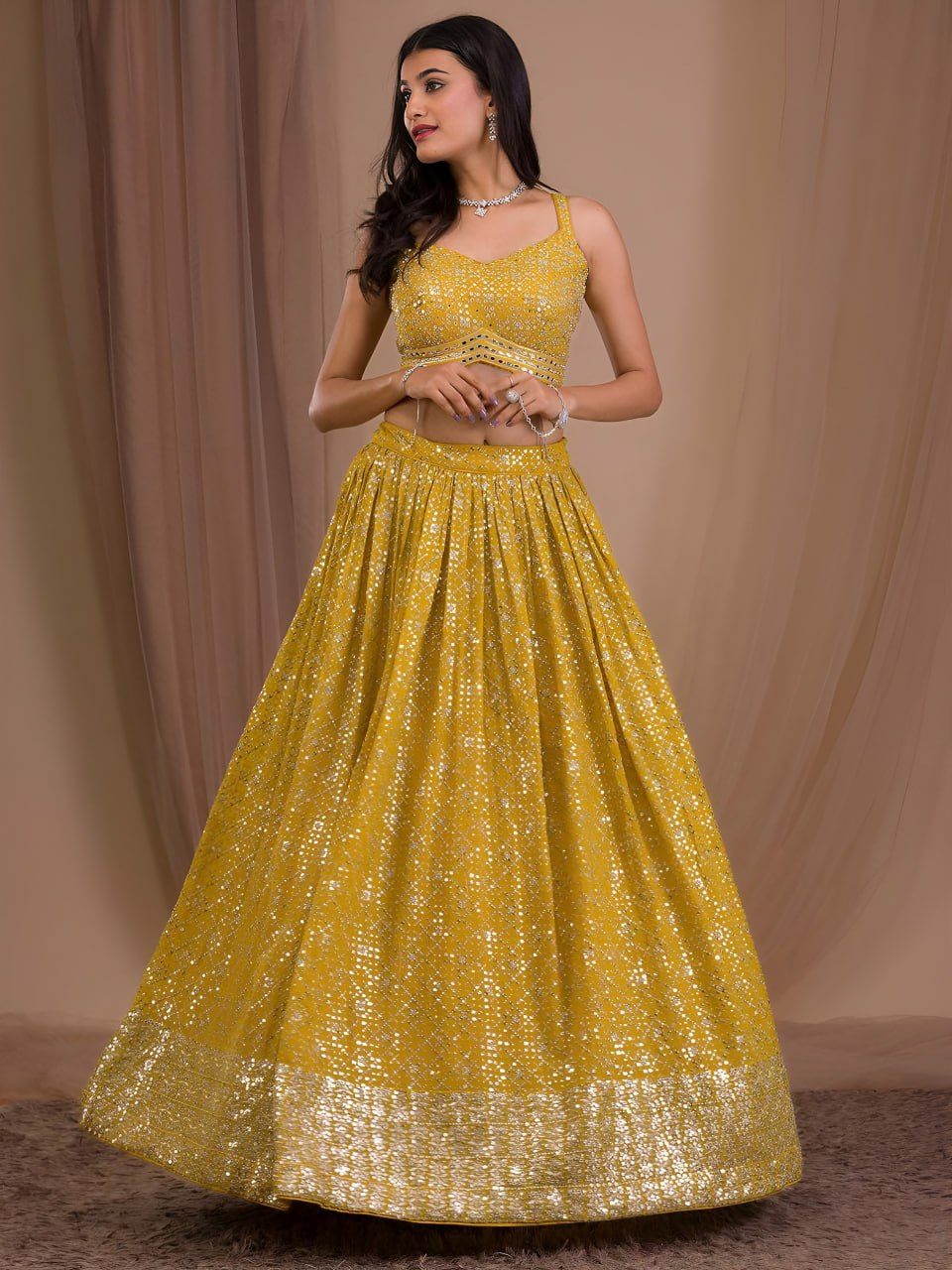 Mustard Yellow Georgette Lehenga Choli Set | Zari & Sequins Embroidered Lehenga | Semi-Stitched Wedding, Reception Outfit with Net Dupatta