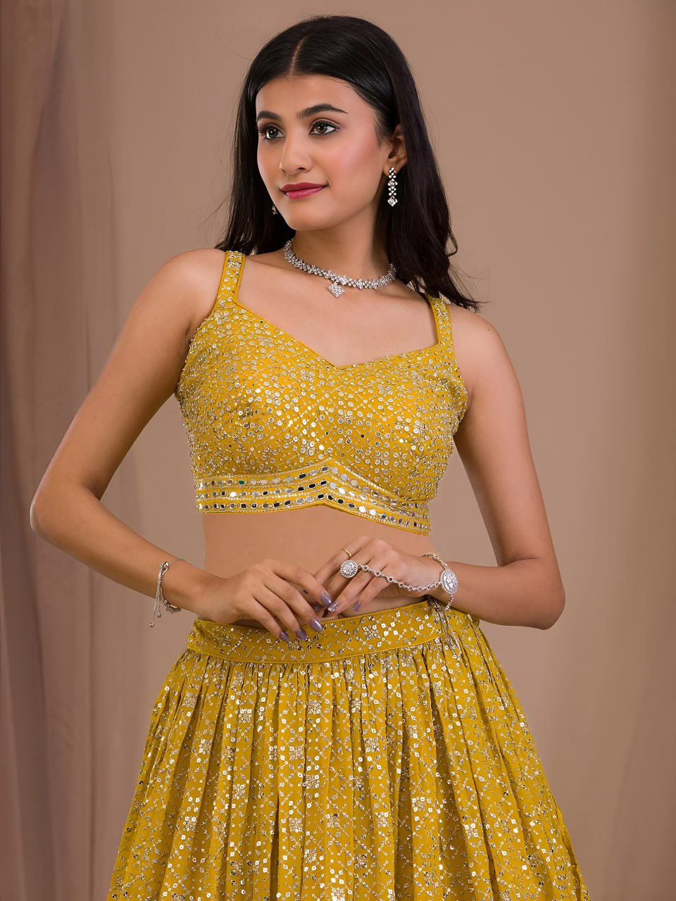 Mustard Yellow Georgette Lehenga Choli Set | Zari & Sequins Embroidered Lehenga | Semi-Stitched Wedding, Reception Outfit with Net Dupatta