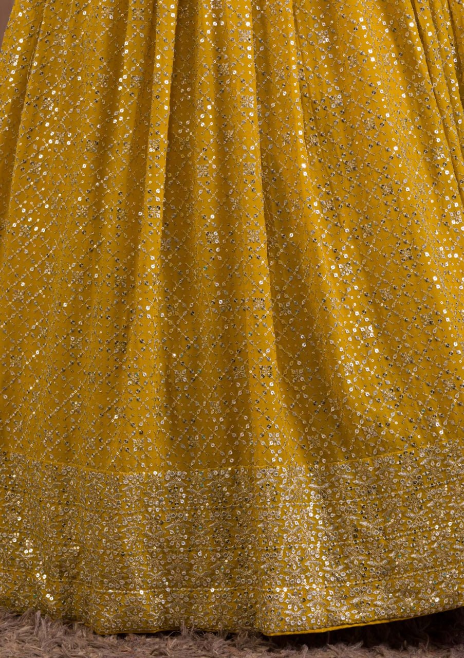 Mustard Yellow Georgette Lehenga Choli Set | Zari & Sequins Embroidered Lehenga | Semi-Stitched Wedding, Reception Outfit with Net Dupatta