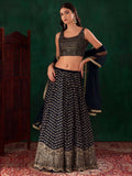 Midnight Blue Georgette Lehenga Choli Set | Zari & Sequins Embroidered Lehenga | Semi-Stitched Wedding, Sangeet Outfit with Net Dupatta