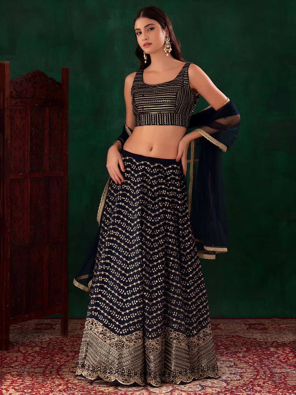 Midnight Blue Georgette Lehenga Choli Set | Zari & Sequins Embroidered Lehenga | Semi-Stitched Wedding, Sangeet Outfit with Net Dupatta