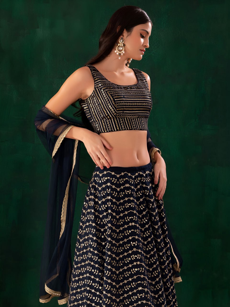 Midnight Blue Georgette Lehenga Choli Set | Zari & Sequins Embroidered Lehenga | Semi-Stitched Wedding, Sangeet Outfit with Net Dupatta