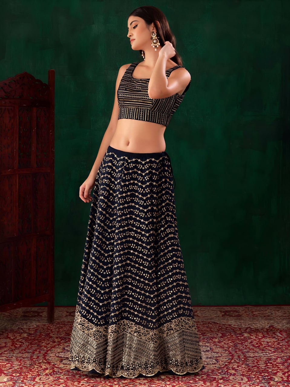 Midnight Blue Georgette Lehenga Choli Set | Zari & Sequins Embroidered Lehenga | Semi-Stitched Wedding, Sangeet Outfit with Net Dupatta