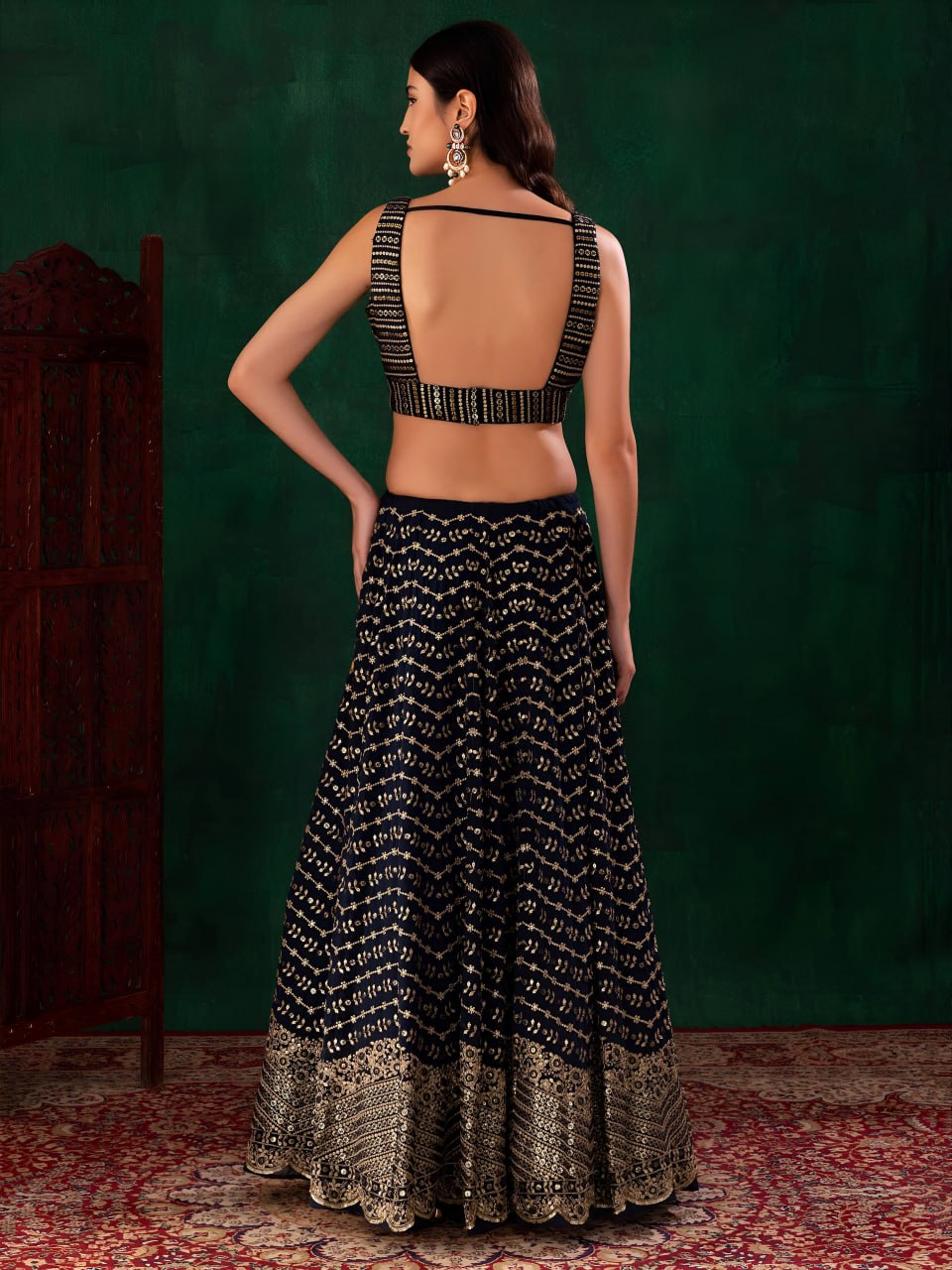 Midnight Blue Georgette Lehenga Choli Set | Zari & Sequins Embroidered Lehenga | Semi-Stitched Wedding, Sangeet Outfit with Net Dupatta