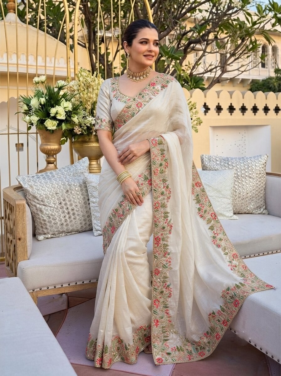 Fendy Satin Silk Saree with C-Pallu Embroidery | Designer Wedding Wear Blouse Piece