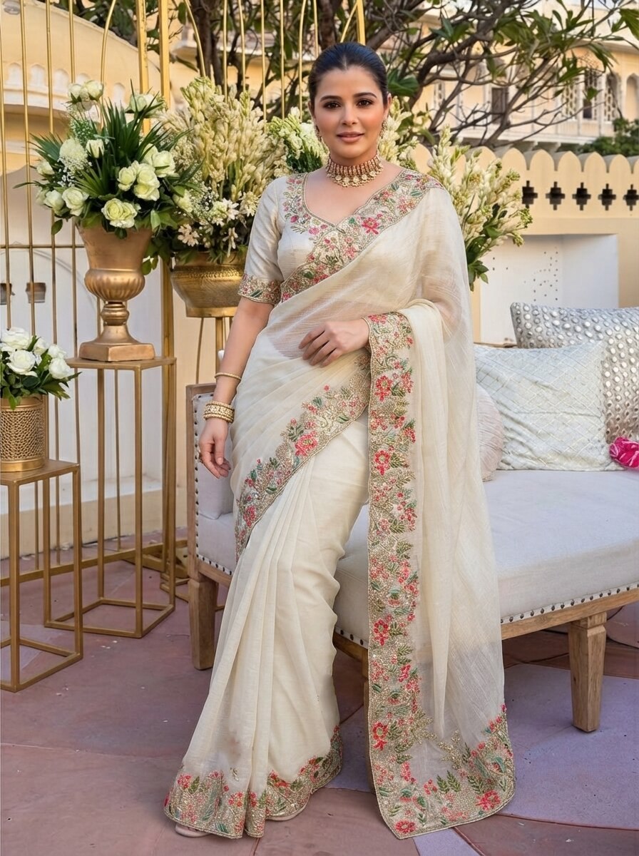 Fendy Satin Silk Saree with C-Pallu Embroidery | Designer Wedding Wear Blouse Piece