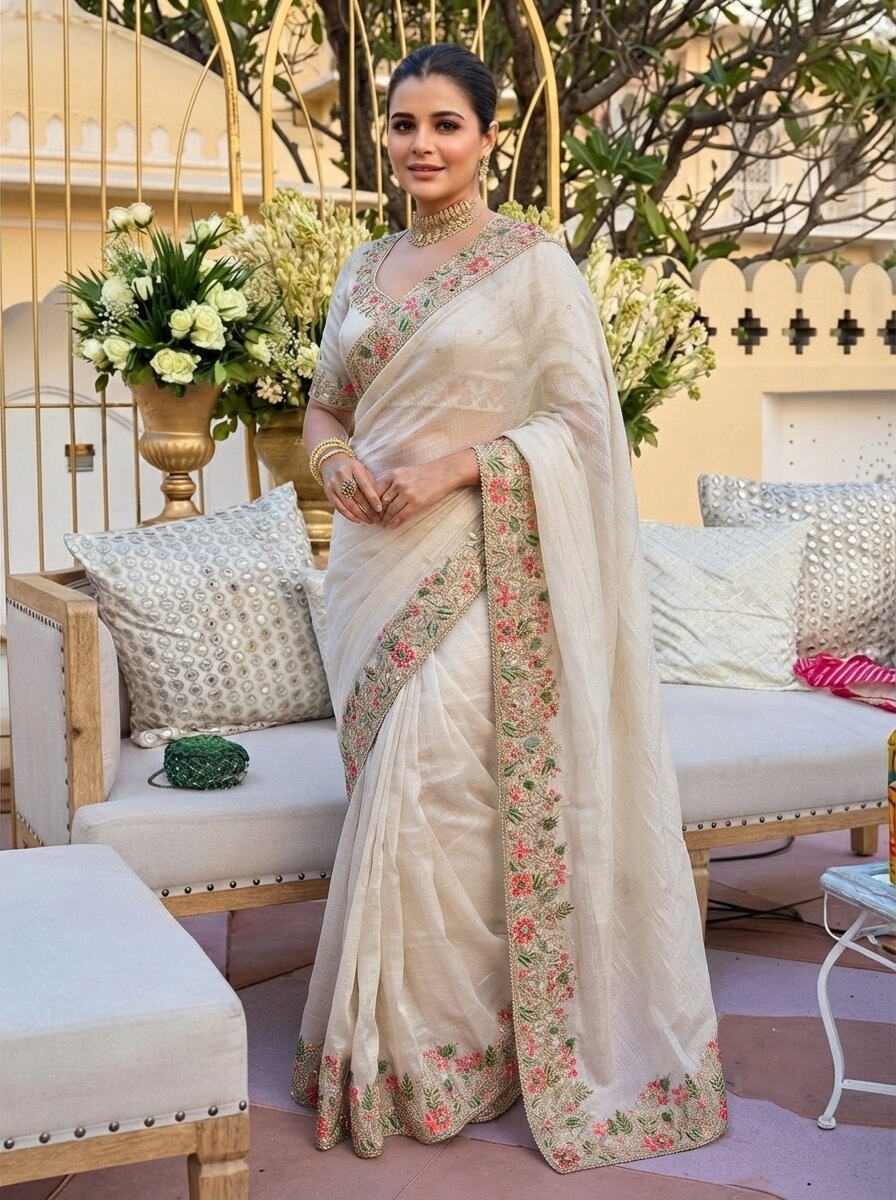 Fendy Satin Silk Saree with C-Pallu Embroidery | Designer Wedding Wear Blouse Piece