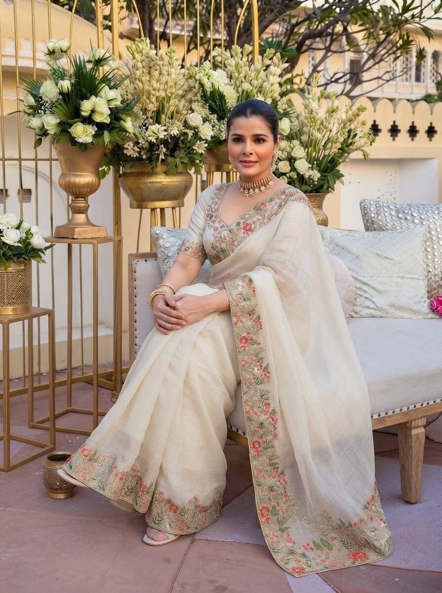 Fendy Satin Silk Saree with C-Pallu Embroidery | Designer Wedding Wear Blouse Piece