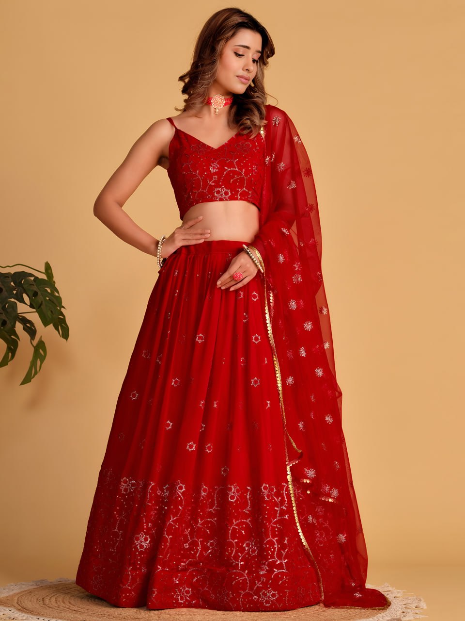 Red Georgette Lehenga Choli Set | Zari & Sequin Embroidered Wedding Lehenga | Semi-Stitched Party Wear Lehenga with Soft Net Dupatta