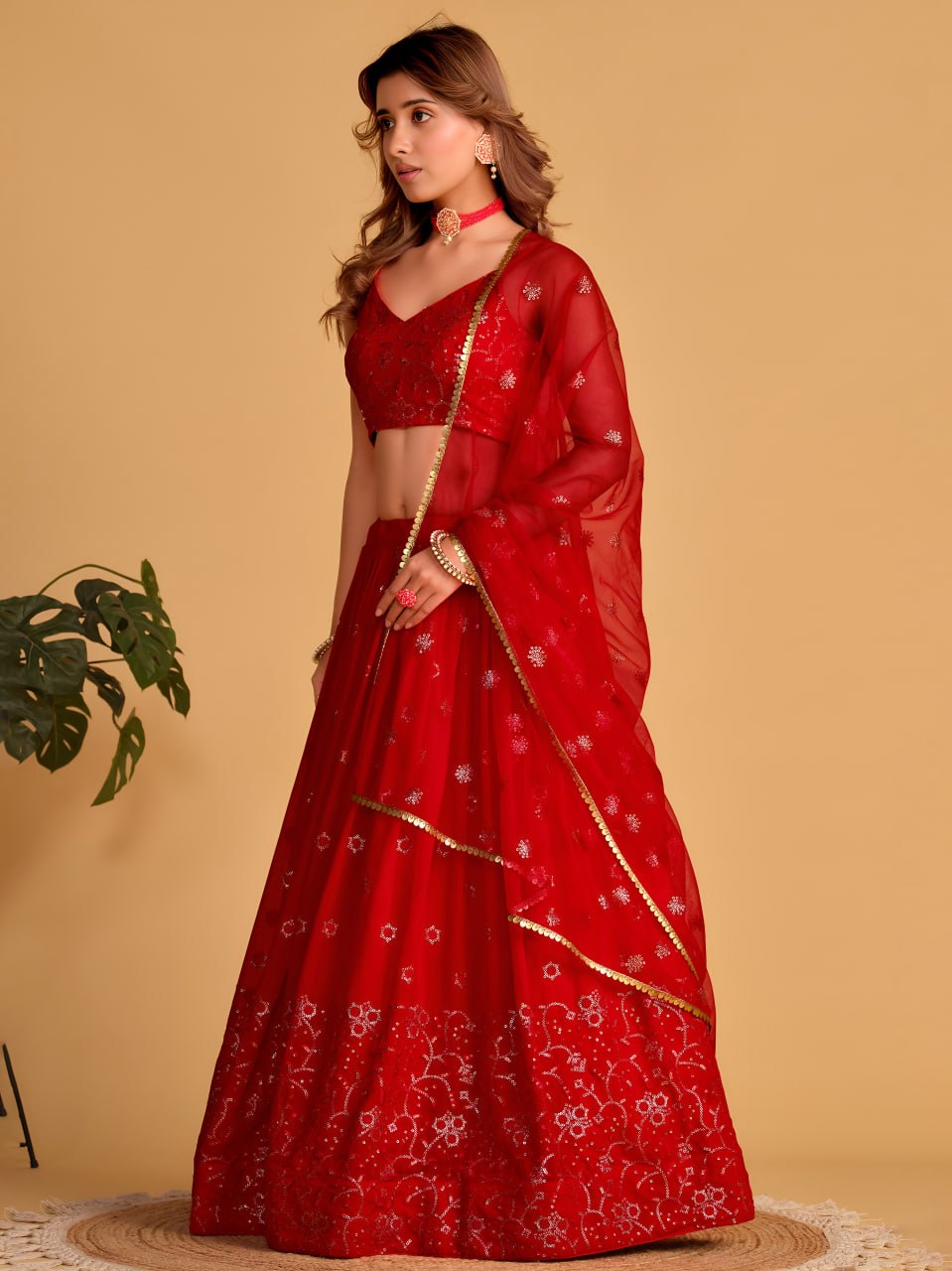 Red Georgette Lehenga Choli Set | Zari & Sequin Embroidered Wedding Lehenga | Semi-Stitched Party Wear Lehenga with Soft Net Dupatta