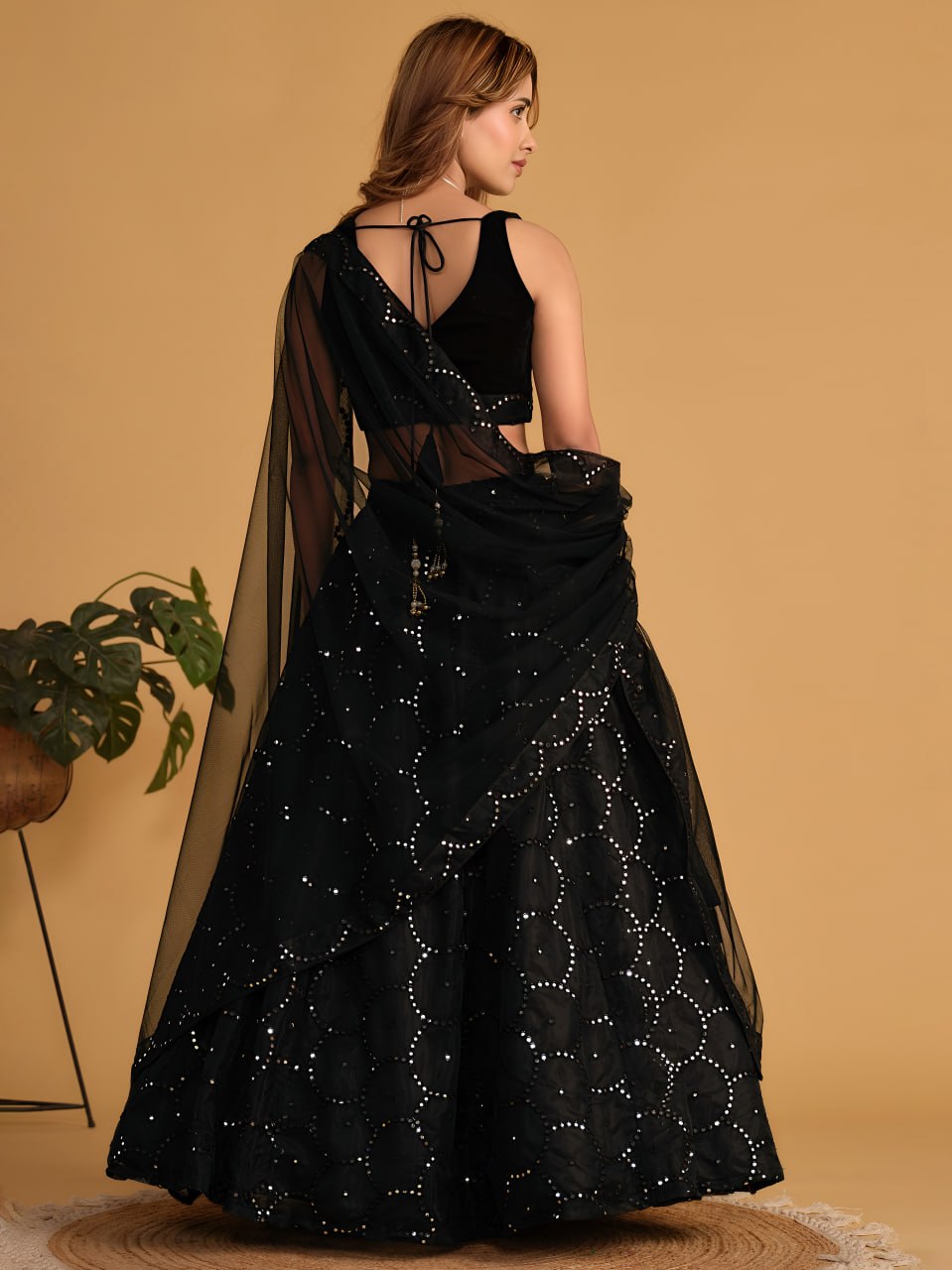 Black Organza Net Lehenga Choli Set | Velvet Blouse with Sequin Embroidery | Semi-Stitched Party Wear Lehenga with Soft Net Dupatta