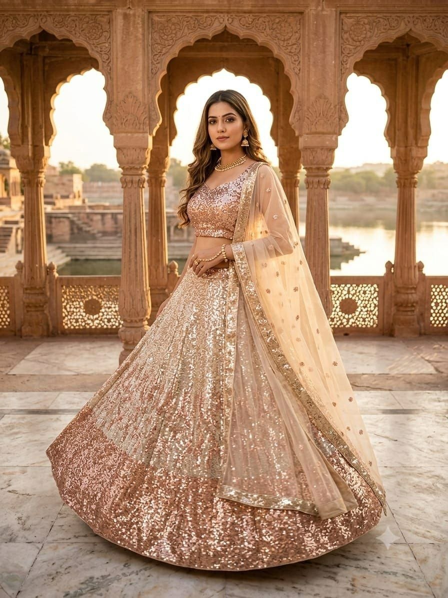 Butterfly Soft Net Lehenga Choli Set | Dual Sequin Embroidered Wedding Lehenga | Semi-Stitched Party Wear Lehenga with Matching Dupatta