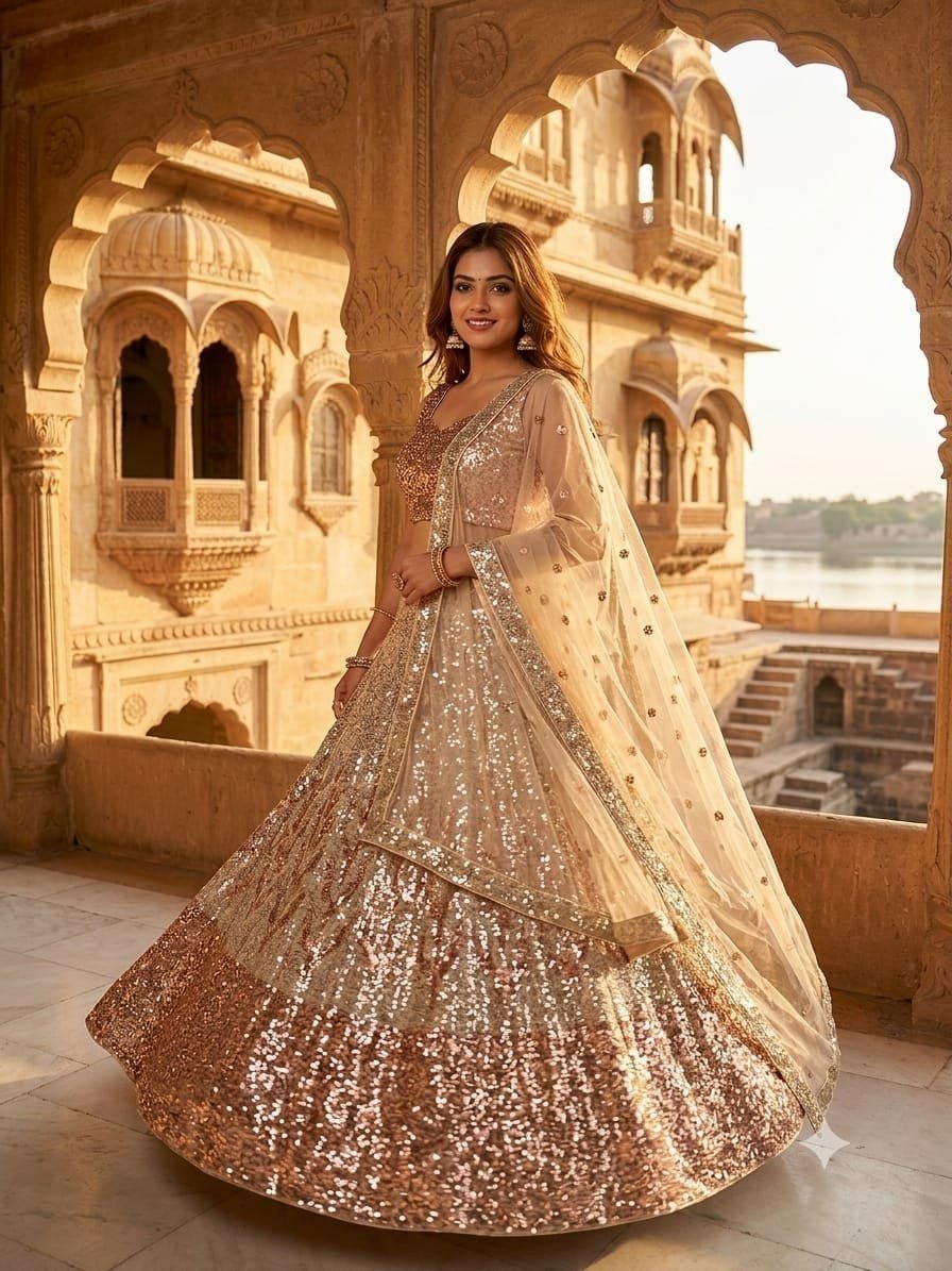 Butterfly Soft Net Lehenga Choli Set | Dual Sequin Embroidered Wedding Lehenga | Semi-Stitched Party Wear Lehenga with Matching Dupatta