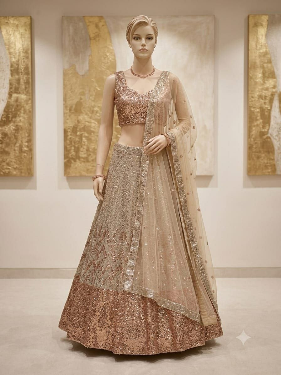 Butterfly Soft Net Lehenga Choli Set | Dual Sequin Embroidered Wedding Lehenga | Semi-Stitched Party Wear Lehenga with Matching Dupatta