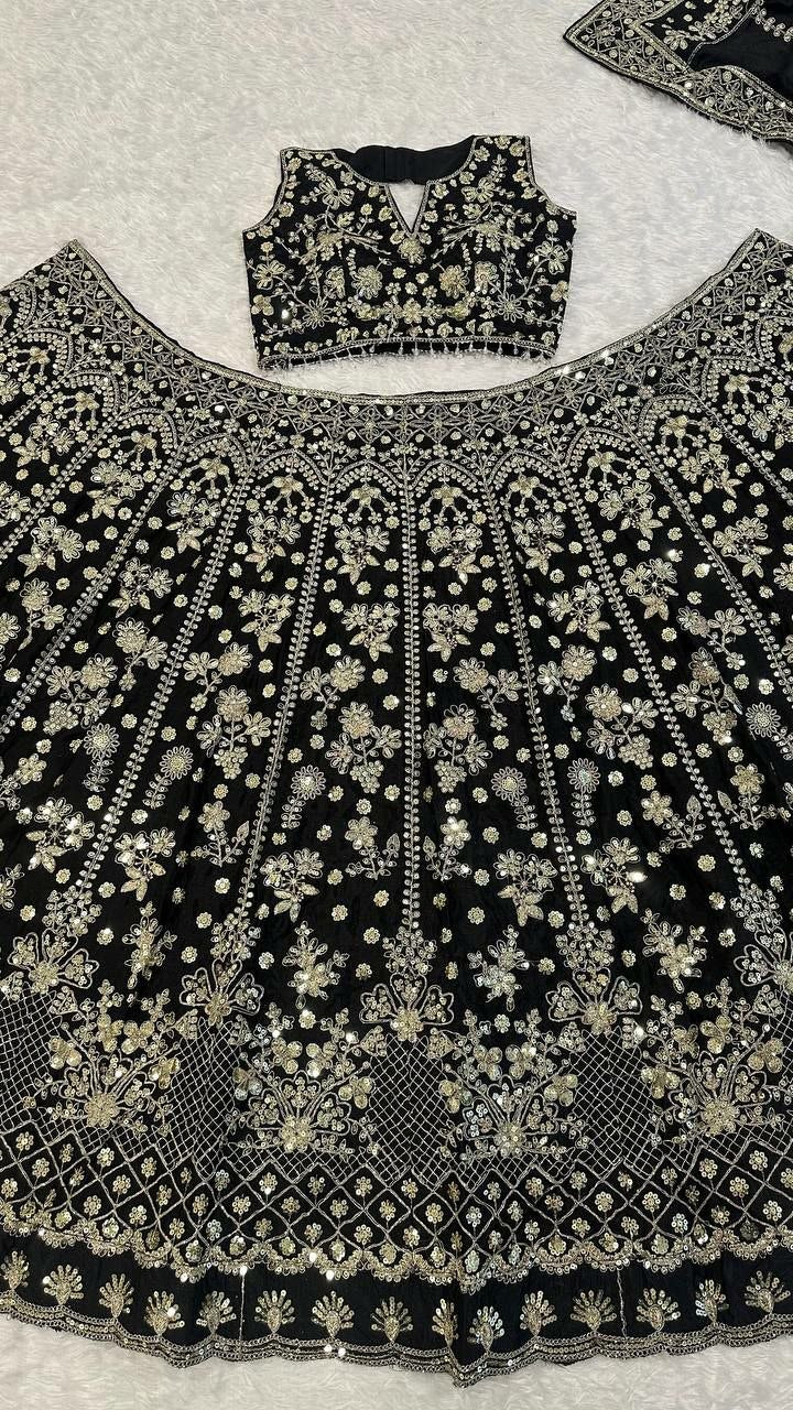 Chinon Silk Lehenga Choli Set | Zari, Dori & Sequin Embroidered Lehenga | Semi-Stitched Wedding And Lehenga with Tassel Blouse, Dupatta