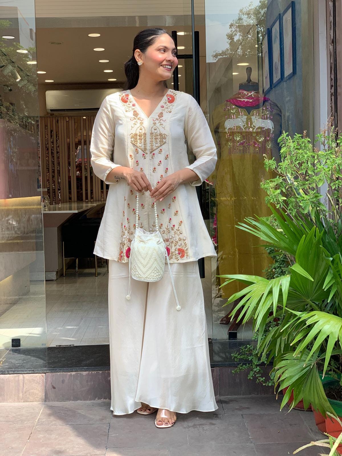 Embroidered Silk Kurti Pant Set, Short Ethnic Co-Ord Outfit, Festive Wear