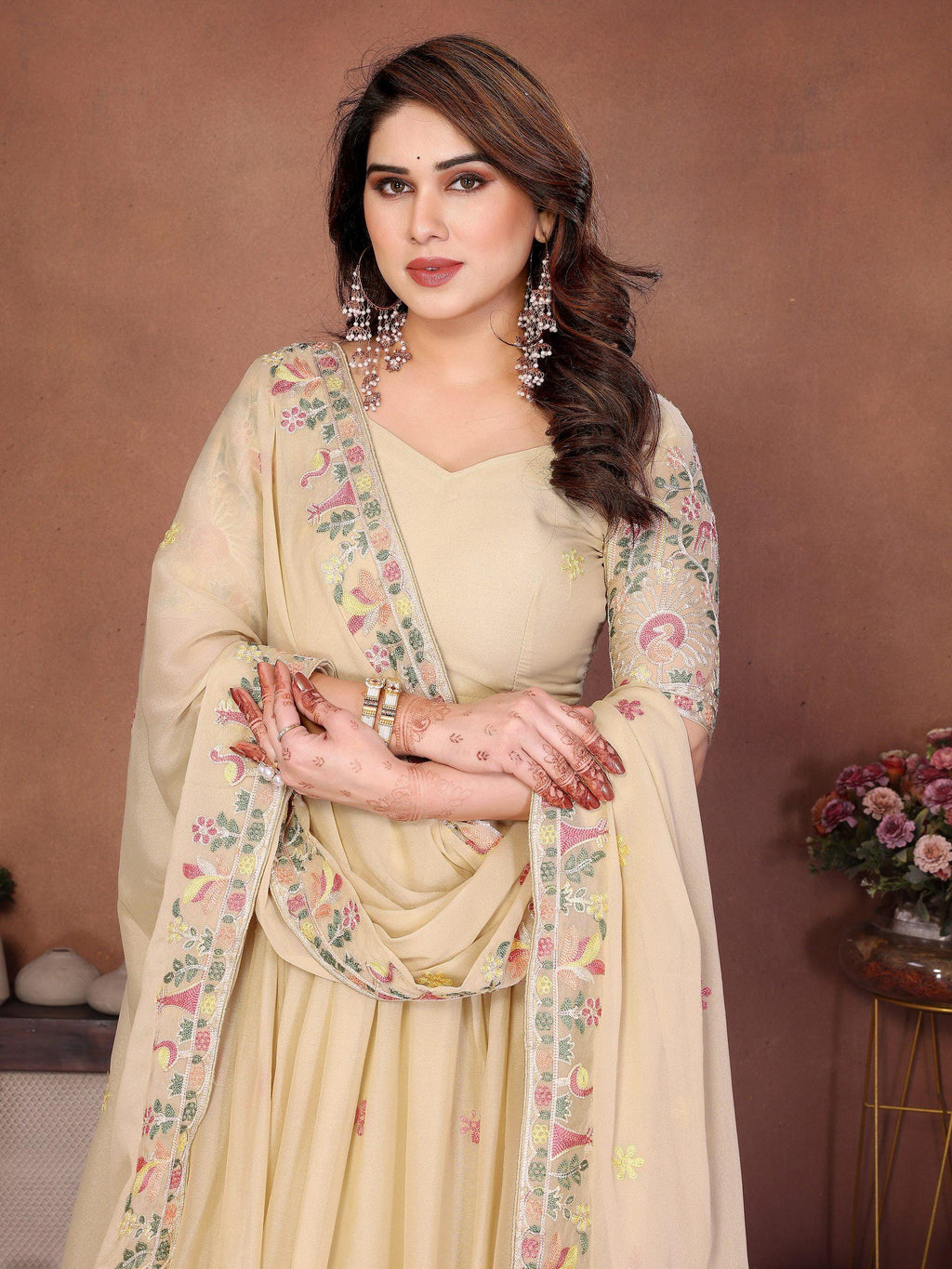 Embroidered Star Georgette Lehenga Choli Set | Ready-to-Wear Bridal Indian Wedding Wear Dupatta Cutwork Border