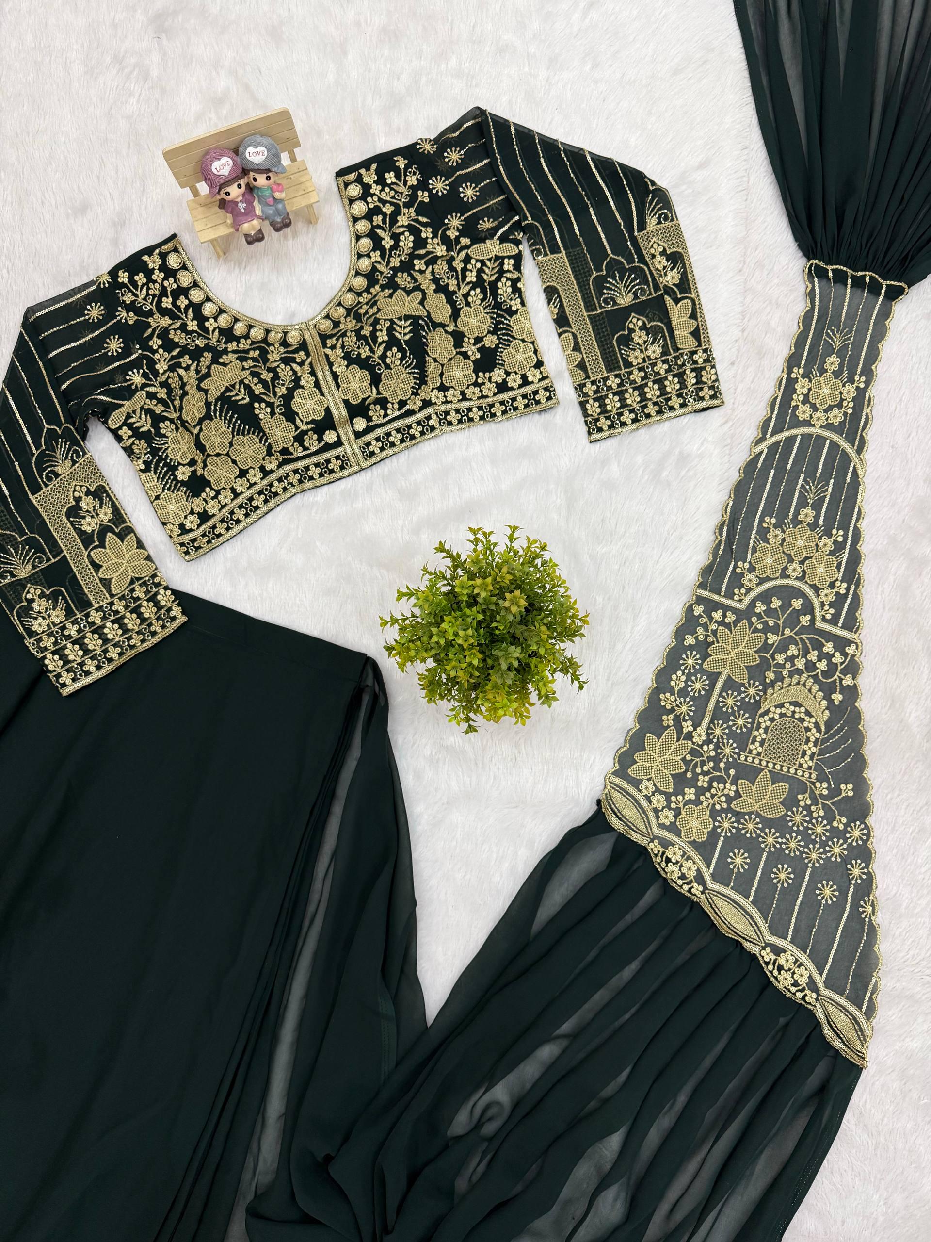 Ready-to-Wear Faux Georgette Saree with Embroidery, Stitched Blouse