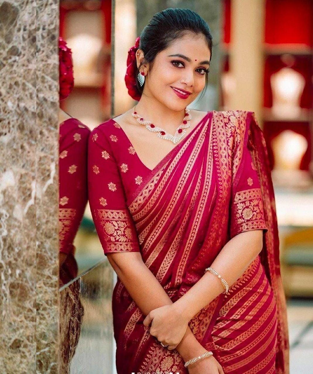 Banarasi Soft Silk Saree, Jacquard Border Blouse, Traditional Indian Wedding Wear