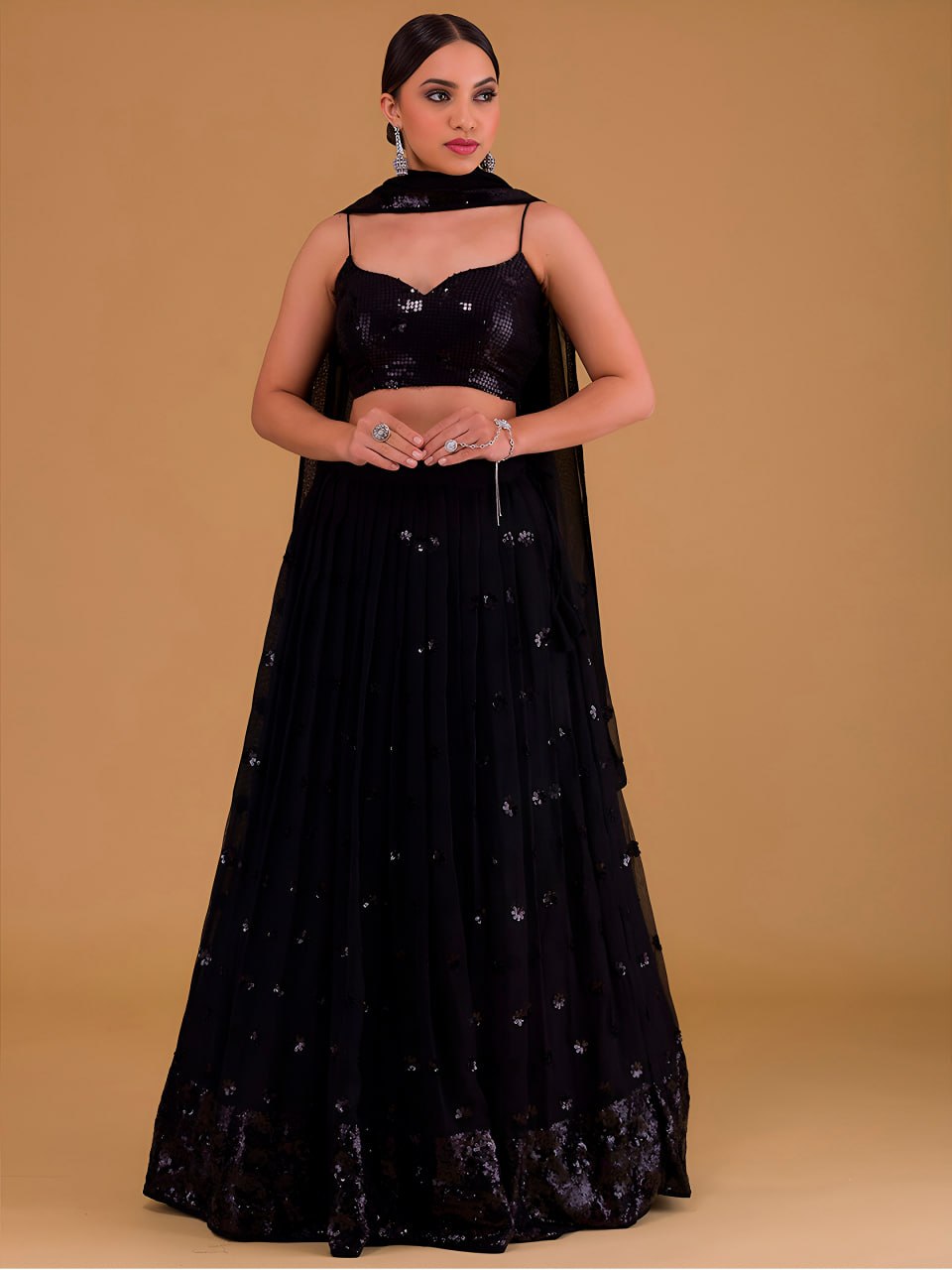 Black Heavy Georgette Lehenga Choli Set | Sequins Embroidered Wedding Lehenga