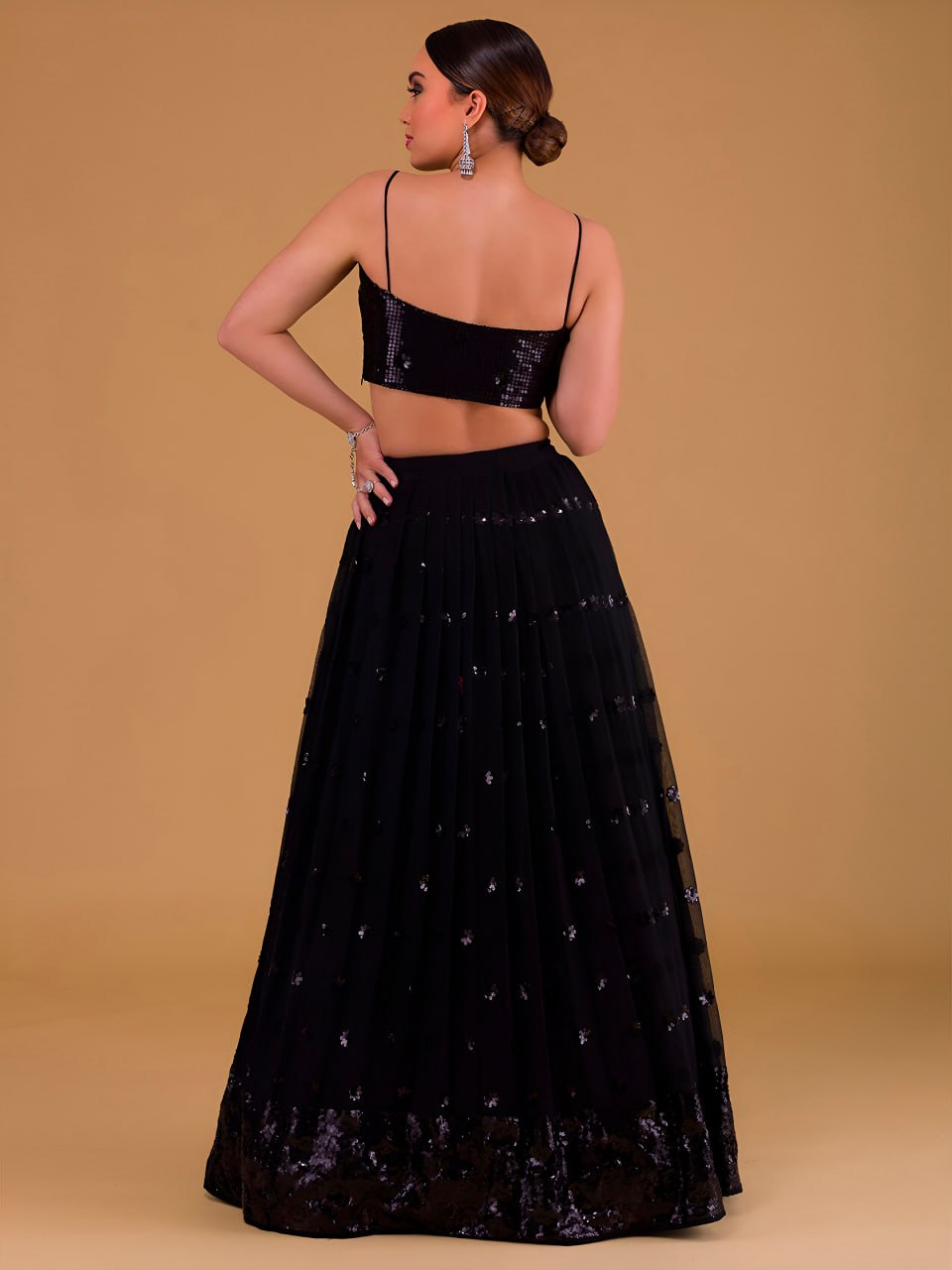 Black Heavy Georgette Lehenga Choli Set | Sequins Embroidered Wedding Lehenga