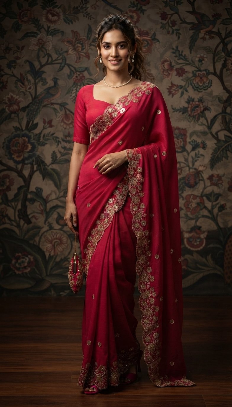 Soft Satin Chiffon Saree with Embroidery Lace Border | Wedding Party Wear (5.5 Meter)