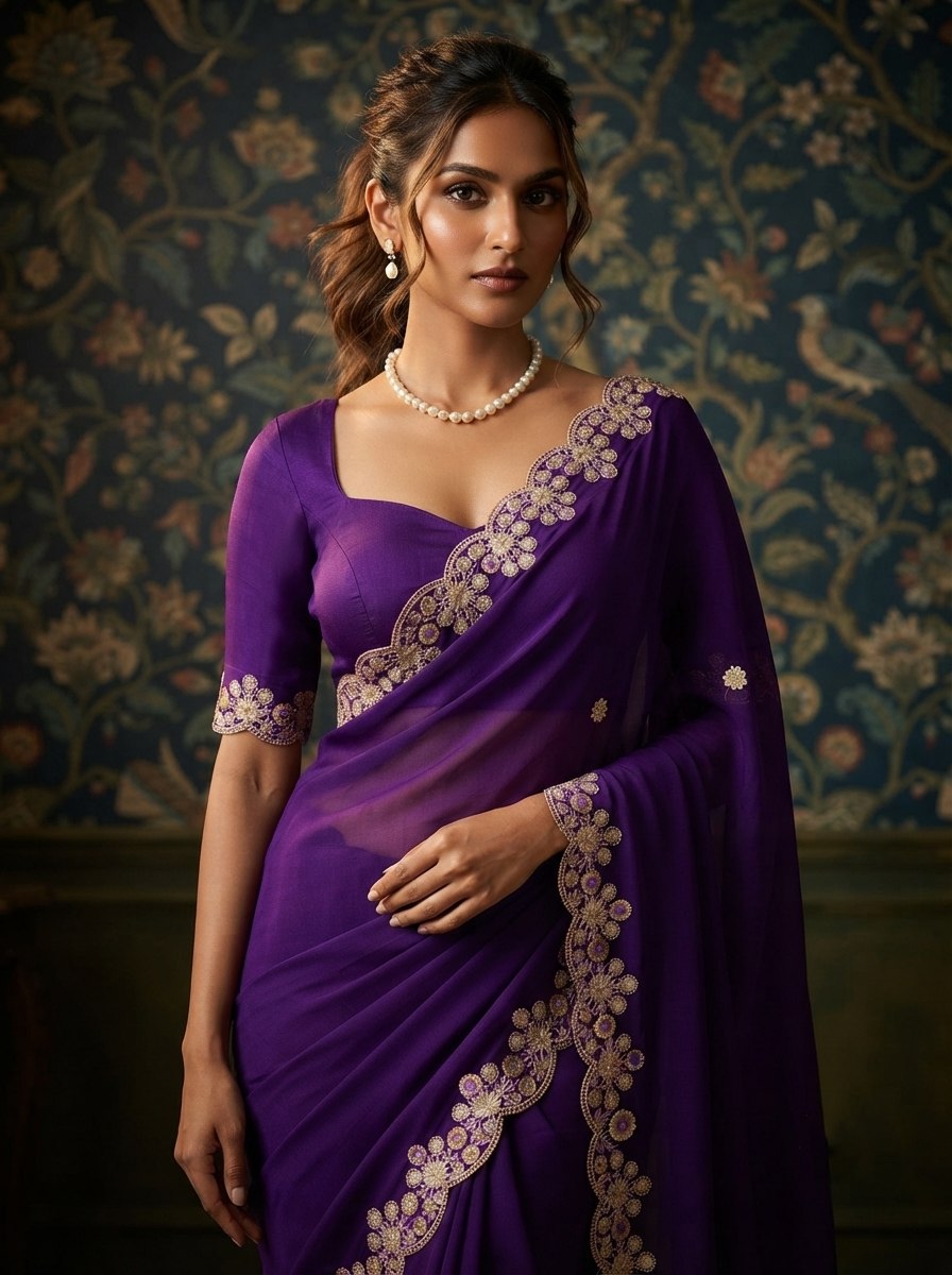 Soft Satin Chiffon Saree with Embroidery Lace Border | Wedding Party Wear (5.5 Meter)