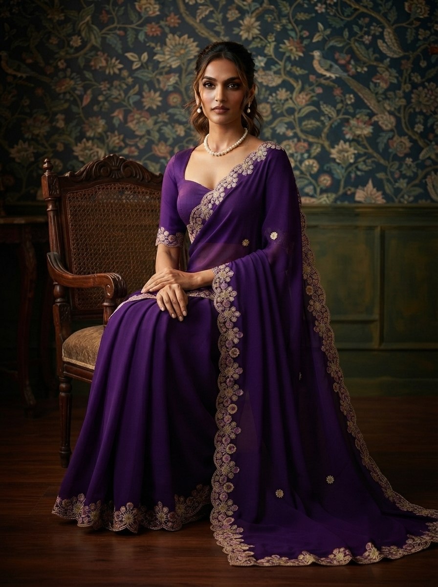 Soft Satin Chiffon Saree with Embroidery Lace Border | Wedding Party Wear (5.5 Meter)