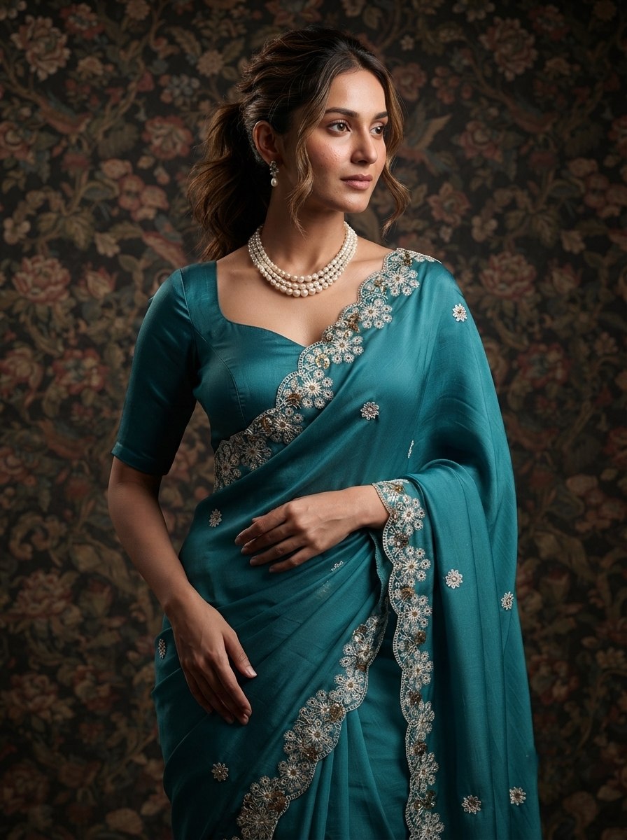 Soft Satin Chiffon Saree with Embroidery Lace Border | Wedding Party Wear (5.5 Meter)