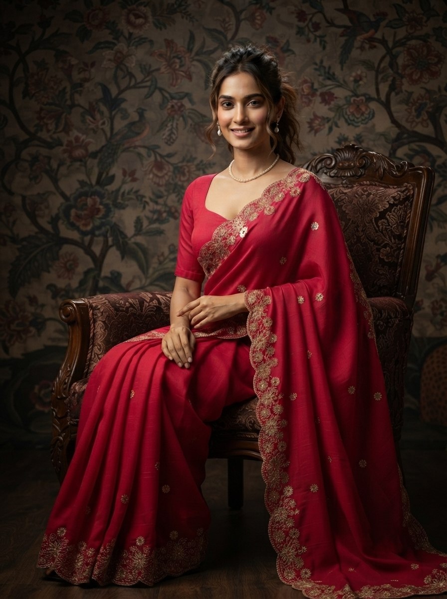 Soft Satin Chiffon Saree with Embroidery Lace Border | Wedding Party Wear (5.5 Meter)