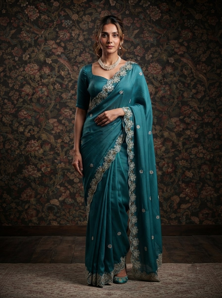 Soft Satin Chiffon Saree with Embroidery Lace Border | Wedding Party Wear (5.5 Meter)