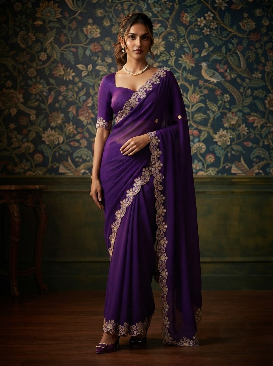 Soft Satin Chiffon Saree with Embroidery Lace Border | Wedding Party Wear (5.5 Meter)