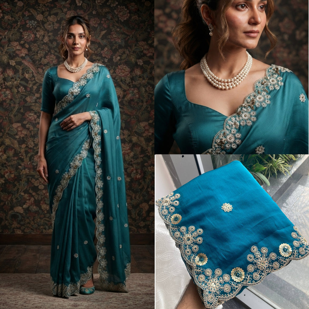 Soft Satin Chiffon Saree with Embroidery Lace Border | Wedding Party Wear (5.5 Meter)