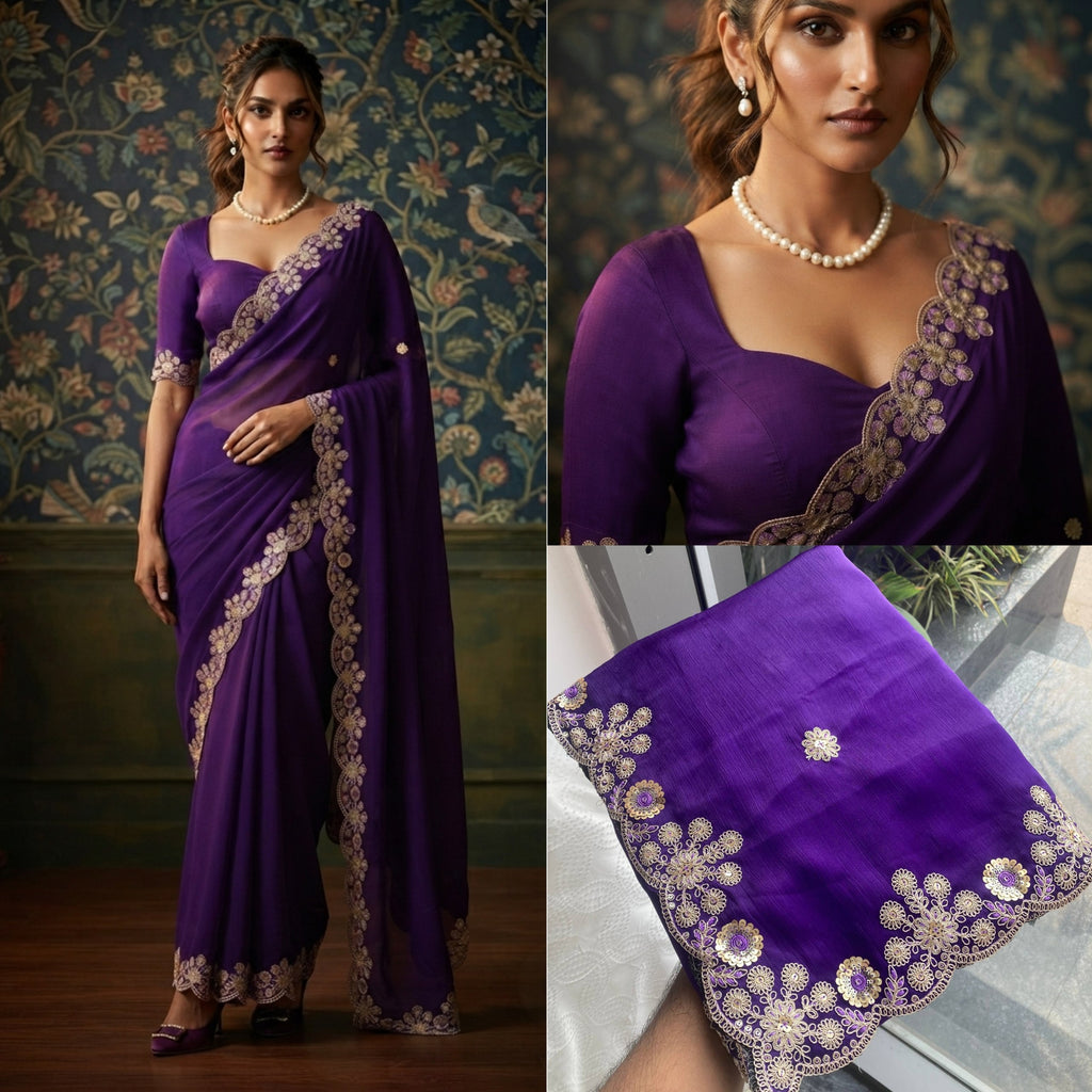 Soft Satin Chiffon Saree with Embroidery Lace Border | Wedding Party Wear (5.5 Meter)