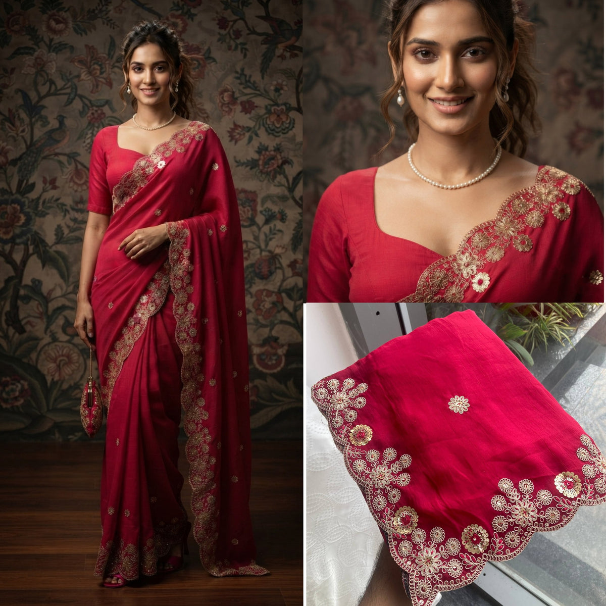 Soft Satin Chiffon Saree with Embroidery Lace Border | Wedding Party Wear (5.5 Meter)