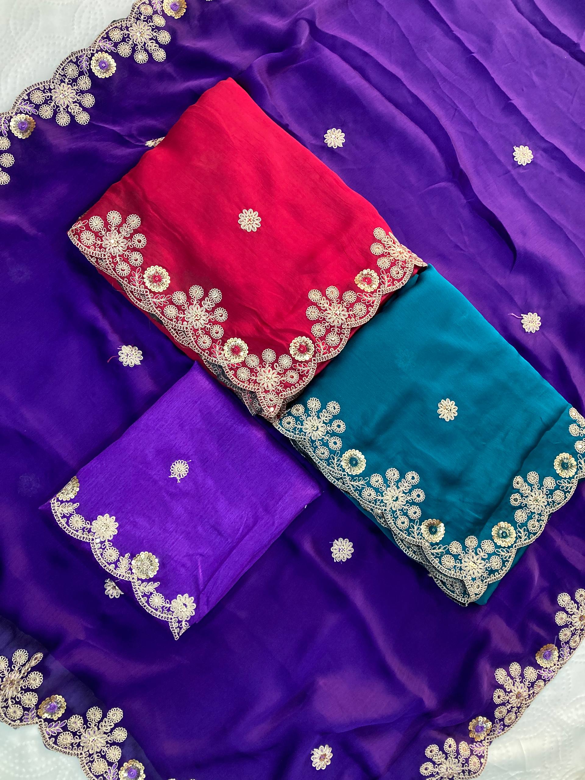 Soft Satin Chiffon Saree with Embroidery Lace Border | Wedding Party Wear (5.5 Meter)