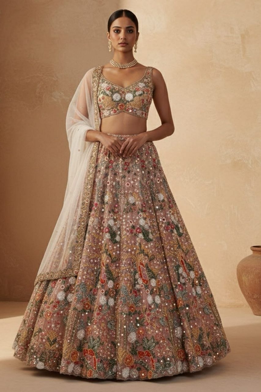 Embroidered Butterfly Soft Net Lehenga Choli Set | Multi Thread Work, 3.7M Flare, XXL Semi-Stitched