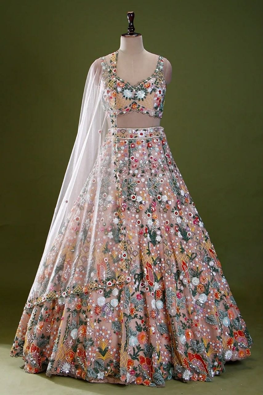 Embroidered Butterfly Soft Net Lehenga Choli Set | Multi Thread Work, 3.7M Flare, XXL Semi-Stitched