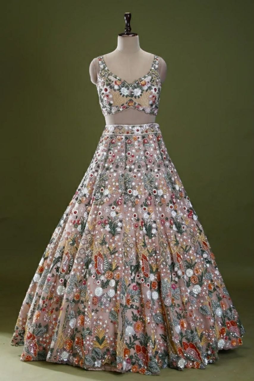 Embroidered Butterfly Soft Net Lehenga Choli Set | Multi Thread Work, 3.7M Flare, XXL Semi-Stitched