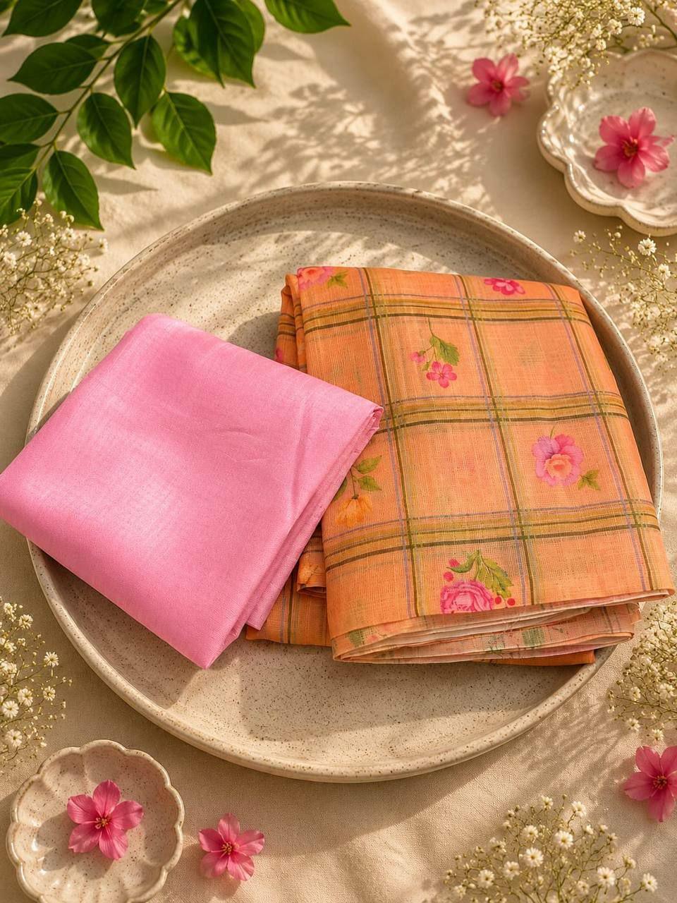 Soft Linen Digital Printed Saree | Checks Floral Dasty Print, Baby Pink Blouse