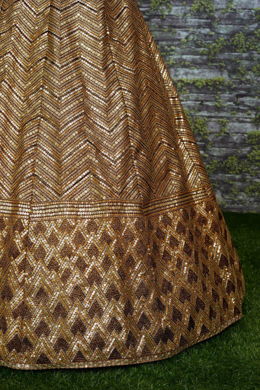 Antique Gold Slub Silk Lehenga Choli, Zari Dori Sequins Embroidery, Bridal Wedding Net Dupatta