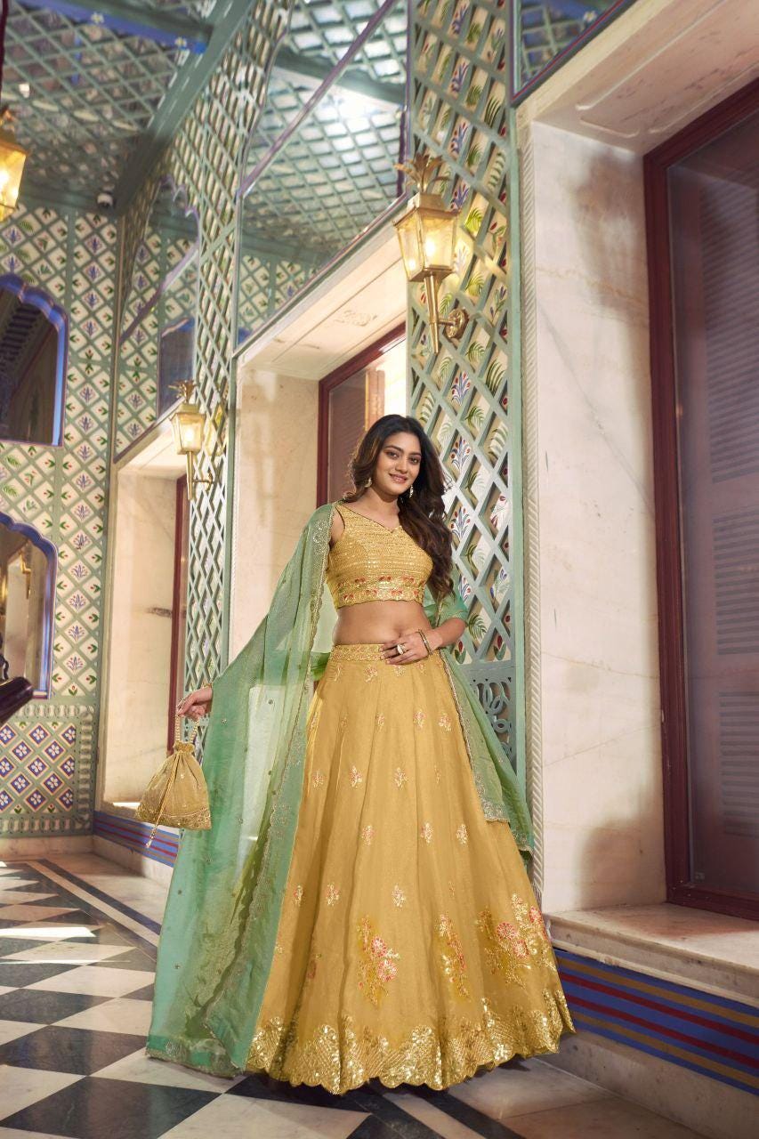 NC Moss Silk Lehenga Choli Set | Sequins, Thread Embroidery, 4 Meter Flair