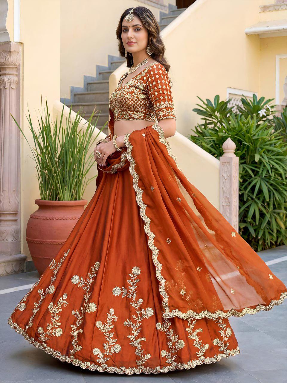 Rust Orange Rangoli Silk Lehenga Choli Set | Zari Dori Sequins Embroidery, Festive Outfit