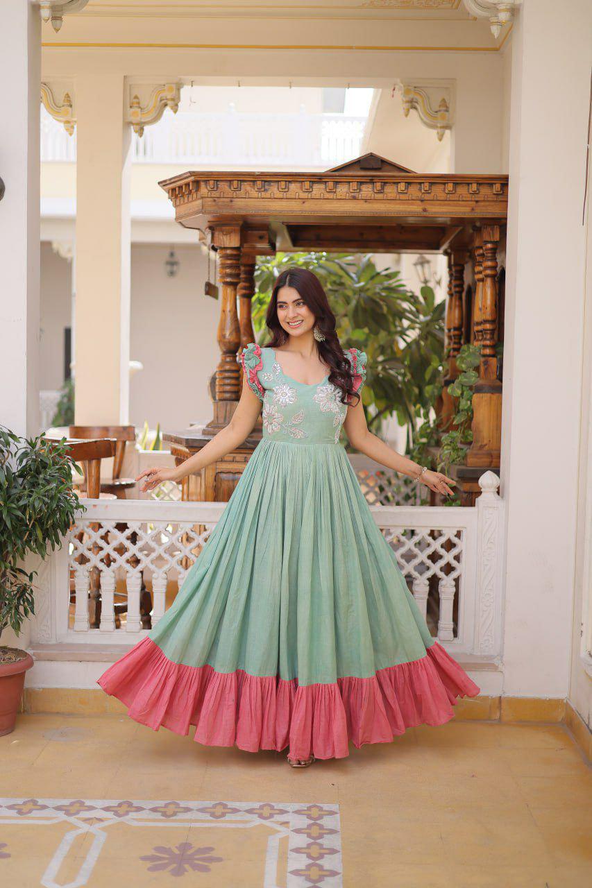 Cotton Anarkali Gown, Sequins Beads Embroidery, Festive Party Dress